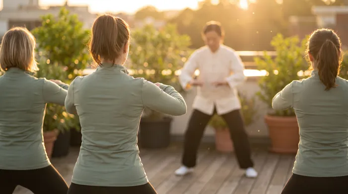 Practitioner demonstrating a clear basic tai chi posture on a rooftop garden while students copy