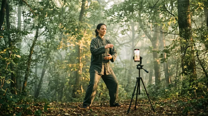 Double exposure of a practitioner checking a phone on a stand mid-practice blended with green forest light