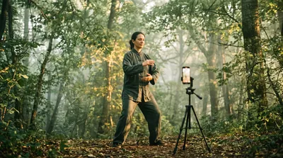 Double exposure of a practitioner checking a phone on a stand mid-practice blended with green forest light