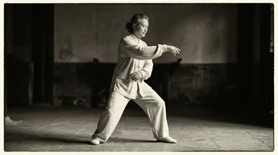 Dramatic black and white photograph of a Chen style practitioner demonstrating a silk-reeling spiral movement