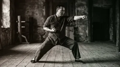 Dramatic black and white photograph of a Chen style practitioner demonstrating a silk-reeling spiral movement