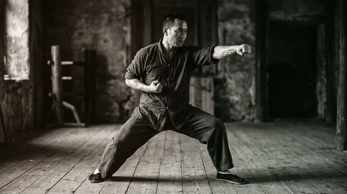 Dramatic black and white photograph of a Chen style practitioner demonstrating a silk-reeling spiral movement
