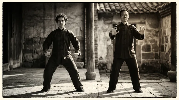 Two practitioners side by side in contrasting Chen and Yang style postures, dramatic side lighting