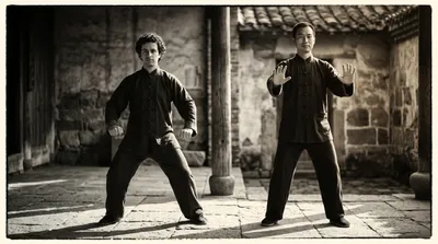 Two practitioners side by side in contrasting Chen and Yang style postures, dramatic side lighting