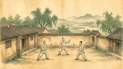 Traditional watercolor of a north Chinese village courtyard with practitioners at dawn