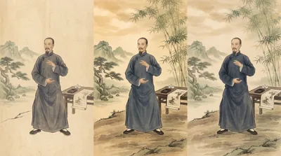 Ink wash portrait of a scholarly Chinese master with brush, teacup and tai chi posture vignettes