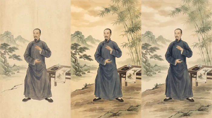 Ink wash portrait of a scholarly Chinese master with brush, teacup and tai chi posture vignettes