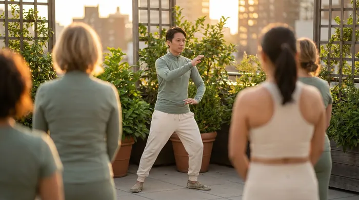 Students in sage green athletic wear watching a tai chi instructor demonstrate a pose at golden hour on a rooftop garden