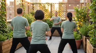 A tai chi instructor leading a group class on a rooftop at sunset