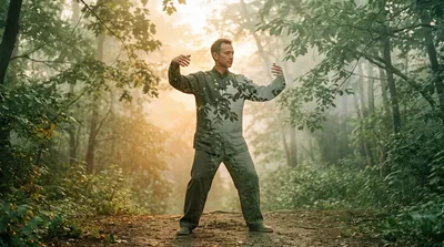 Double exposure of a tai chi practitioner at sunrise blended with sage green forest canopy