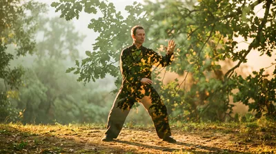 Double exposure of a tai chi practitioner at sunrise blended with sage green forest canopy