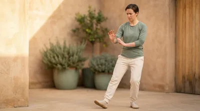 Student in sage green pausing thoughtfully during a tai chi class at golden hour