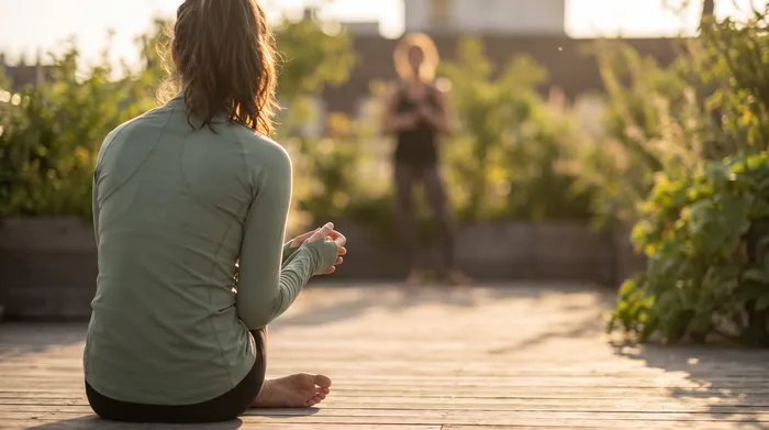 Student in sage green pausing thoughtfully during a tai chi class at golden hour