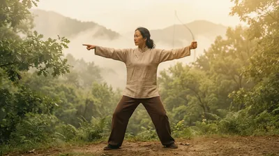 Double exposure of a practitioner drawing a bow blended with misty sage green mountains