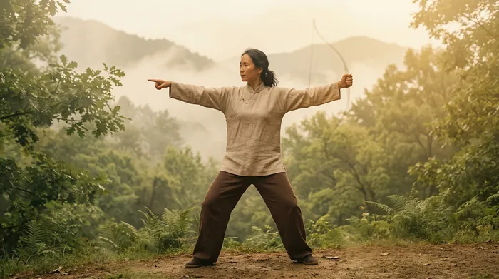 Double exposure of a practitioner drawing a bow blended with misty sage green mountains
