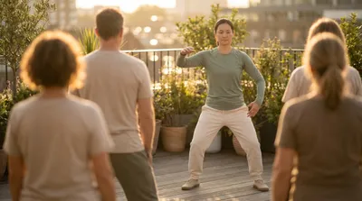 Students watching an experienced tai chi teacher demonstrate a form at golden hour on a rooftop