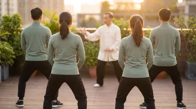 Students watching an experienced tai chi teacher demonstrate a form at golden hour on a rooftop