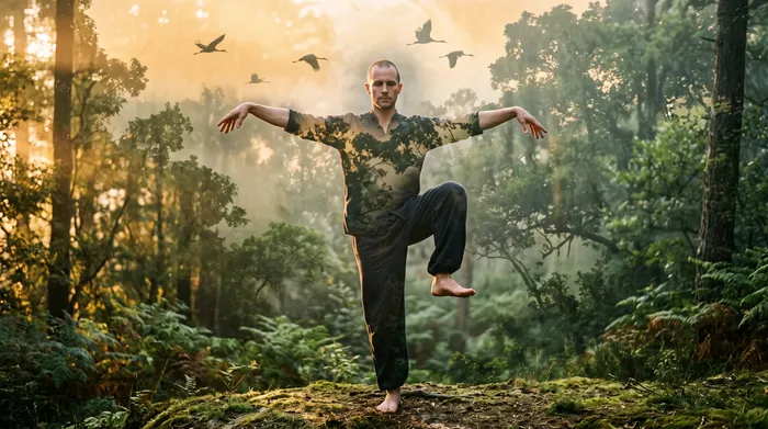 Double exposure of a practitioner in crane stance blended with sage green forest and bird silhouettes