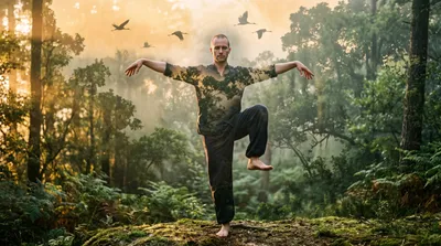 Double exposure of a practitioner in crane stance blended with sage green forest and bird silhouettes