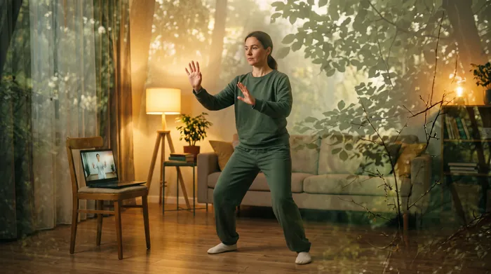 Double exposure of a practitioner following a laptop lesson at home blended with sage green foliage