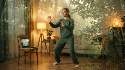 Double exposure of a practitioner following a laptop lesson at home blended with sage green foliage
