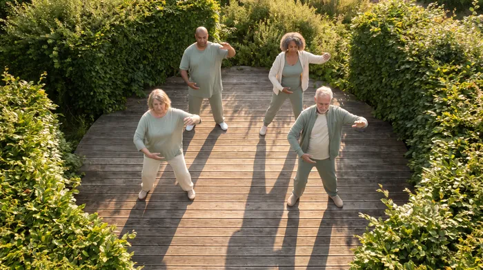 Overhead view of a tai chi class at different skill levels practicing together on a wooden deck