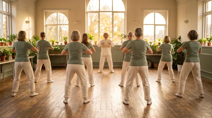 A welcoming community hall tai chi class of mixed ages practising together in warm light