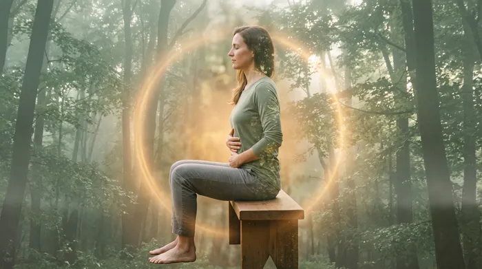 Double exposure of a seated meditator in profile blended with a soft circular path of golden light