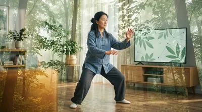 Double exposure of a practitioner following along at home blended with sage green digital light patterns