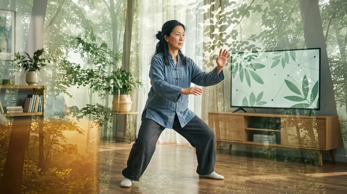 Double exposure of a practitioner following along at home blended with sage green digital light patterns