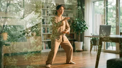 Double exposure of a practitioner following along at home blended with sage green digital light patterns