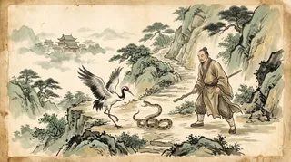 Ink wash watercolour illustration of a tai chi master in a mountain landscape