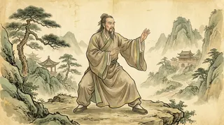 Ink wash watercolour illustration of a tai chi master in a mountain landscape