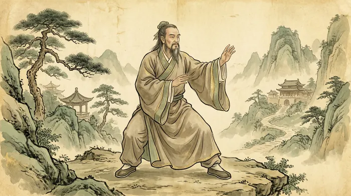 Traditional watercolor of Zhang Sanfeng watching a crane and snake fight at Wudang Mountain
