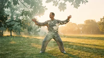 Double exposure of a practitioner in a park at sunrise blended with sage green tree canopy