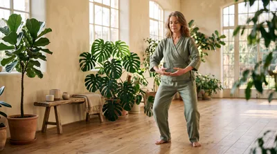 Woman performing qigong standing meditation in a warm bright studio with abundant plants