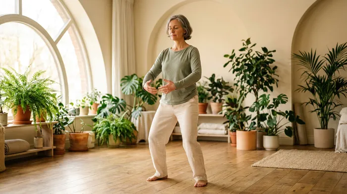Woman performing qigong standing meditation in a warm bright studio with abundant plants