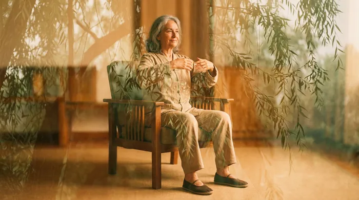 Double exposure of an older person doing seated qigong blended with sage green willow branches