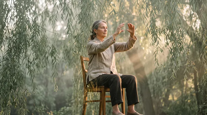 Double exposure of an older person doing seated qigong blended with sage green willow branches