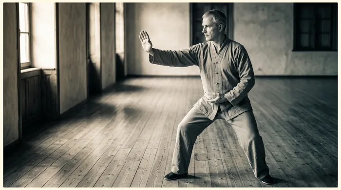 Long exposure impression of a practitioner moving through a long tai chi form in a hall