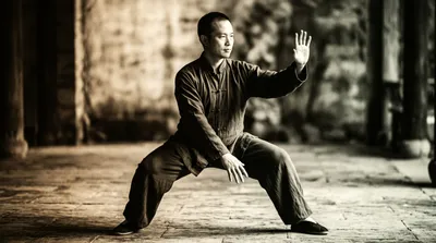 Practitioner mid-sequence in a combined form posture, high contrast warm toned monochrome