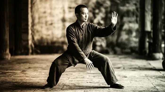 Practitioner mid-sequence in a combined form posture, high contrast warm toned monochrome
