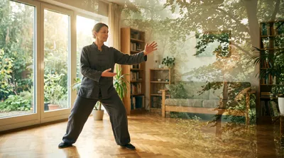 Double exposure of a practitioner in a living room blended with sage green garden view