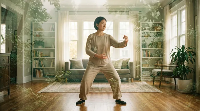 Double exposure of a practitioner in a living room blended with sage green garden view