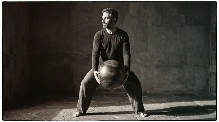 Practitioner holding a large wooden ball at the abdomen in dramatic warm side lighting