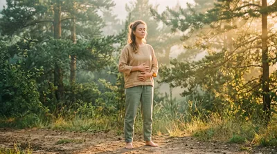 Double exposure of a practitioner in breathing meditation blended with sage green pine forest