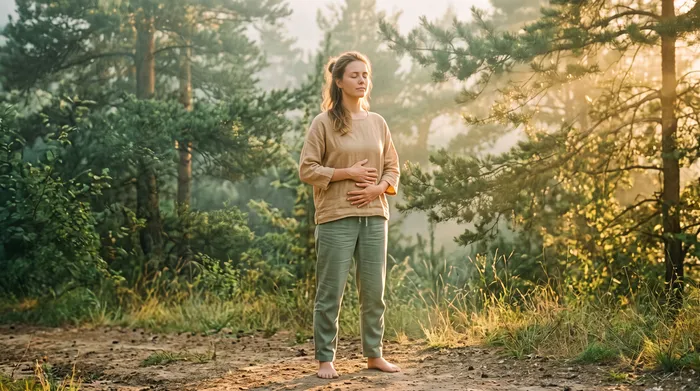 Double exposure of a practitioner in breathing meditation blended with sage green pine forest