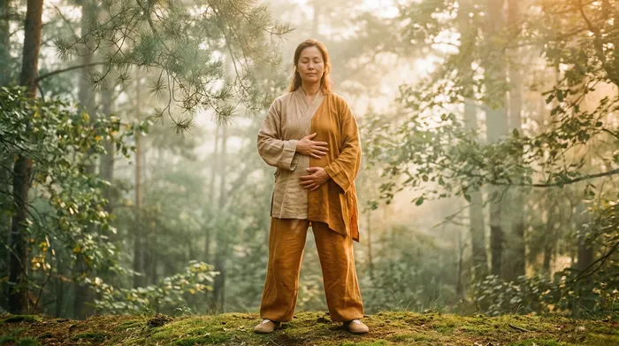 Double exposure of a practitioner in breathing meditation blended with sage green pine forest