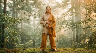 Double exposure of a practitioner in breathing meditation blended with sage green pine forest