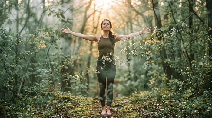 Double exposure of a practitioner with arms spread wide blended with flowering sage green branches